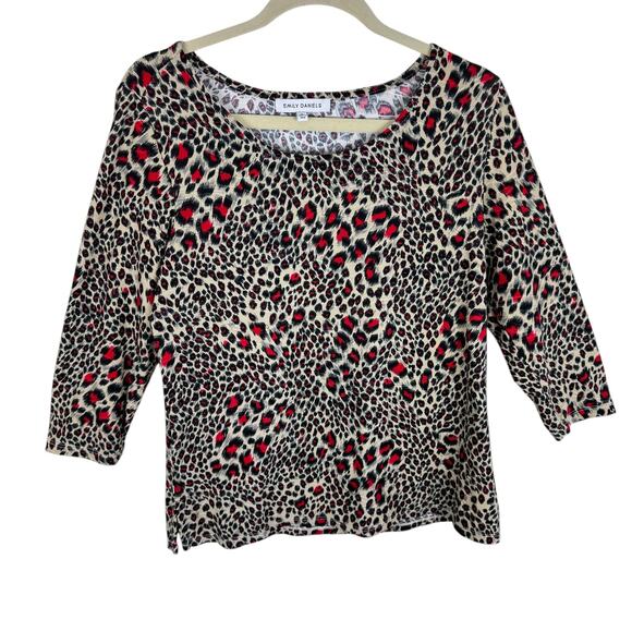 Emily Daniels Leopard Print Textured 3/4 Sleeve Round Neck Stretchy Blouse Sz M - Picture 1 of 6